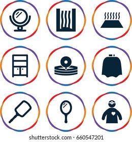 Mirror icons set. set of 9 mirror filled icons such as mirror, hairdresser peignoir, wardrobe, medical reflector, doctor with medical reflector, heating system in car