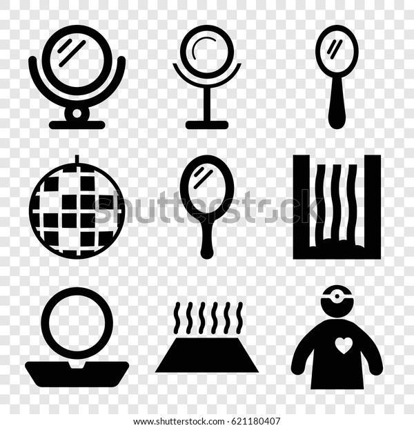 Mirror icons set. set of 9 mirror filled icons\
such as mirror, powder, doctor with medical reflector, heating\
system in car, heating\
system