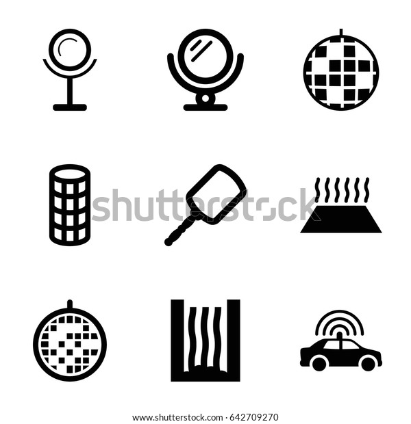 Mirror\
icons set. set of 9 mirror filled icons such as police car, mirror,\
hair curler, disco ball, heating system in\
car