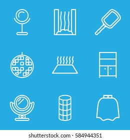 mirror icons set. Set of 9 mirror outline icons such as mirror, hairdresser peignoir, hair curler, wardrobe, disco ball, heating system in car