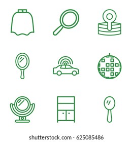 Mirror icons set. set of 9 mirror outline icons such as police car, mirror, hairdresser peignoir, wardrobe, medical reflector