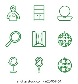 Mirror icons set. set of 9 mirror outline icons such as mirror, powder, wardrobe, doctor with medical reflector, disco ball