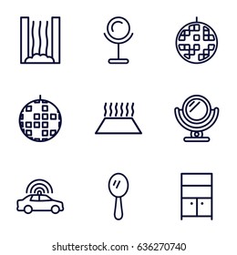 Mirror icons set. set of 9 mirror outline icons such as police car, mirror, wardrobe, disco ball, heating system in car