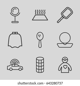 Mirror icons set. set of 9 mirror outline icons such as police car, mirror, hairdresser peignoir, powder, hair curler, doctor with medical reflector