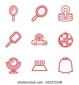 Mirror icons set. set of 9 mirror outline icons such as police car, mirror, hairdresser peignoir, medical reflector, heating system in car