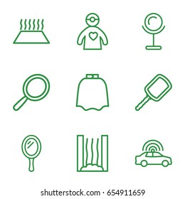 Mirror icons set. set of 9 mirror outline icons such as police car, mirror, hairdresser peignoir, doctor with medical reflector, heating system in car