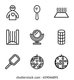 Mirror icons set. set of 9 mirror outline icons such as mirror, hair curler, doctor with medical reflector, disco ball, heating system in car