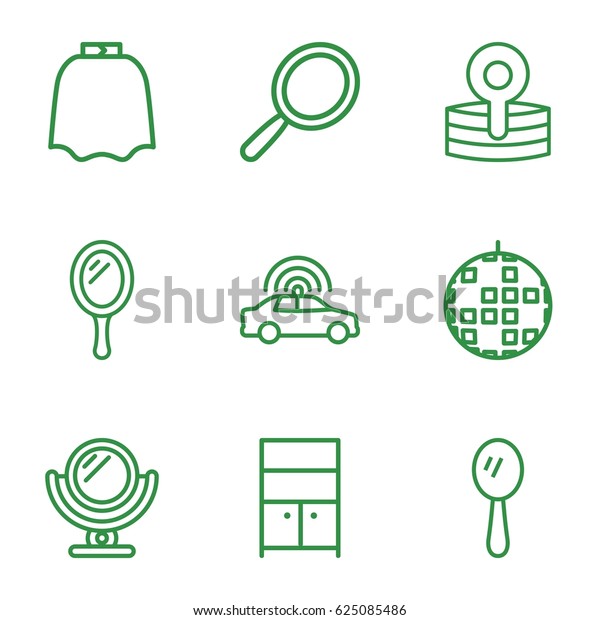 Mirror icons set. set of 9 mirror outline icons\
such as police car, mirror, hairdresser peignoir, wardrobe, medical\
reflector