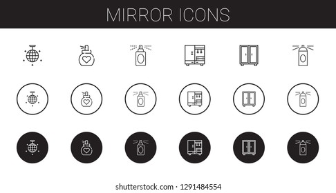 mirror icons set. Collection of mirror with mirror ball, perfume, closet, hairspray. Editable and scalable icons.