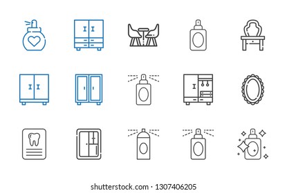 mirror icons set. Collection of mirror with perfume, hairspray, closet, dentist, dressing table, furniture. Editable and scalable mirror icons.