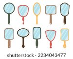 Mirror icons set. Isolated mirrors with reflective glass effect. Vanity symbols, vintage round and oval handheld mirror, decent female vector elements