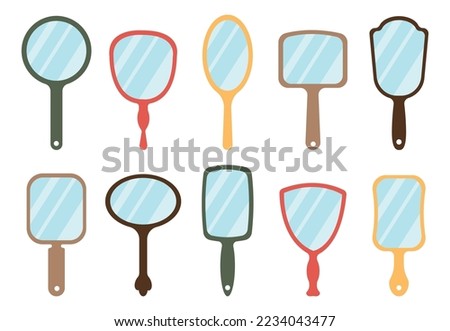 Mirror icons set. Isolated mirrors with reflective glass effect. Vanity symbols, vintage round and oval handheld mirror, decent female vector elements