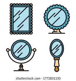 Spiegelsymbole gesetzt. Rahmenset für Spiegelvektorsymbole, dünne Linie, flach auf Weiß