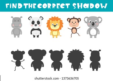 Mirror Image of five different animals. Task find the correct shadow animals.