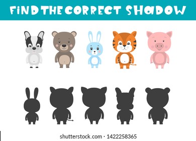 Mirror Image of five different animals. Task find the correct shadow animals.