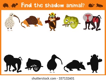 Mirror Image five different cute animals and a good Visual Game. Task find the right answer black shadow animals.