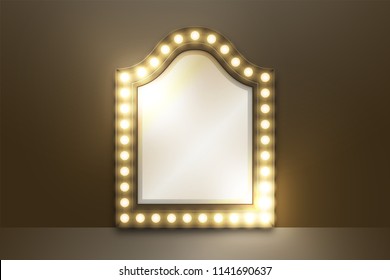 Mirror with Incandescent light bulb box frame classic set, illustration retro 3D style isolated glow in dark background with copy space, vector eps 10