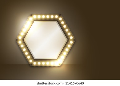 Mirror with Incandescent light bulb box frame hexagon shape set, illustration retro 3D style isolated glow in dark background with copy space, vector eps 10