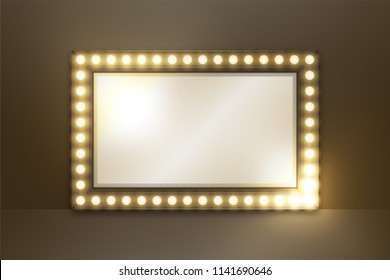 Mirror With Incandescent Light Bulb Box Frame Rectangle Shape Set, Illustration Retro 3D Style Isolated Glow In Dark Background With Copy Space, Vector Eps 10