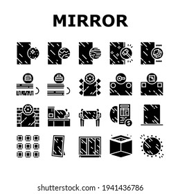 Mirror Installation Collection Icons Set Vector. Silver, Bronze or Graphite Mirror, Making For Wardrobe And Bathroom, Polishing And Making Custom Glyph Pictograms Black Illustrations