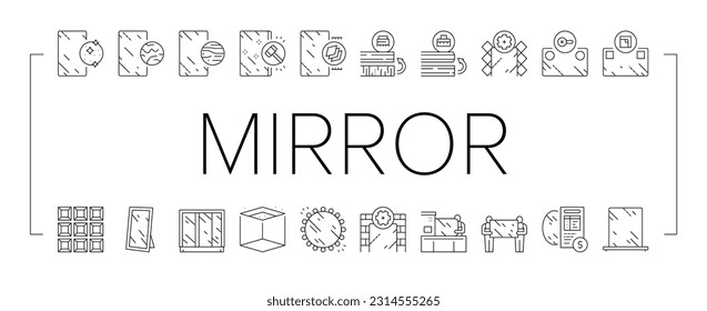 Mirror Installation Collection Icons Set Vector. Silver, Bronze or Graphite Mirror, Making For Wardrobe And Bathroom, Polishing And Making Custom Black Contour Illustrations