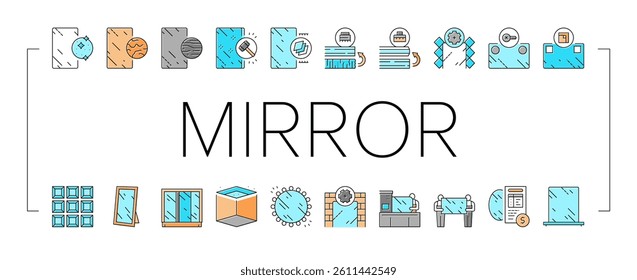Mirror Installation Collection Icons Set Vector. Silver, Bronze or Graphite Mirror, Making For Wardrobe And Bathroom, Polishing And Making Custom Concept Linear Pictograms. Contour Color Illustrations