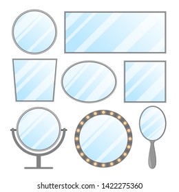 Mirror isolated set. Interior decoration in frame, circle and oval shape. Rectangle furniture vector element. Blank space for reflection.