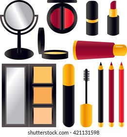 mirror and items of makeup isolated on white background