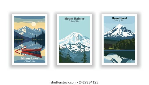 Mirror Lake, National Park. Mount Hood, National Park. Mount Rainier, National Park - Vintage travel poster. Vector illustration. High quality prints