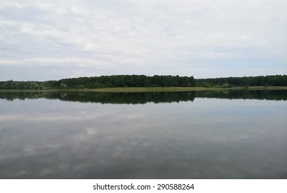 mirror lake reflection forest grassland clouds on water vector illustration
