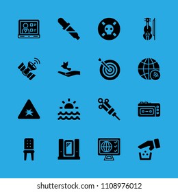 mirror, laptop, recorder, explosive, recycling, sunrise, dove of peace, target and chair vector icon. Simple icons set