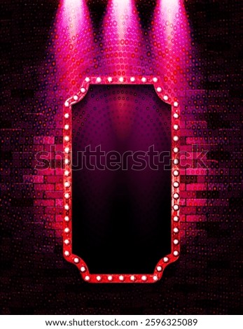 Mirror light bulb. Professional white mirror with light bulbs, isolated on a black background. Illuminated makeup mirror. Retro glowing frame with lamps for design.