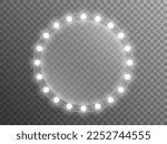 Mirror with lights. Makeup mirror with white lamps. Illuminated frame with silver bulbs. Glowing glass template. Vector illustration.