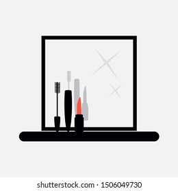 Mirror for makeup. Illustration of Mirror with mascara and lipstick. Flat colored illustration isolated. vector eps10