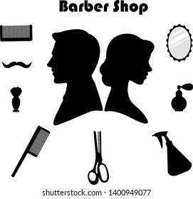 
mirror, man, woman, hairdresser, pulverizer, comb, mustache, shaving brush, scissors and perfume on a white background