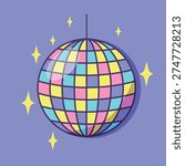 Mirror multicolored ball for a disco, dance club or party. Bright colored rotating disco ball with light flashes. Vector illustration