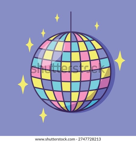 Mirror multicolored ball for a disco, dance club or party. Bright colored rotating disco ball with light flashes. Vector illustration