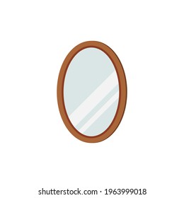 Mirror with oval frame isolated on white background. Home modern wall mirror for hallway, bedroom, wardrobe interior design. Flat catroon style clip art vector illustration.