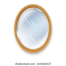 Mirror oval insulated. Realistic oval mirror frame, white mirrors template. Reflective glass surfaces isolated. Realistic 3D interior furniture design