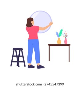 Mirror Placement, Positioning mirrors to enhance interior space and light, Flat vector character illustration
