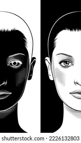 Espejo con un reflejo positivo y negativo del rostro de una mujer. Grabado de vintage estilizado como dibujo. Ilustración vectorial.