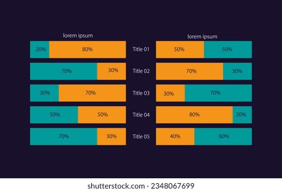 Mirror rectangular infographic chart design template for dark theme. Five options. Editable infochart with horizontal bar graphs. Visual data presentation. Myriad Pro-Bold, Regular fonts used