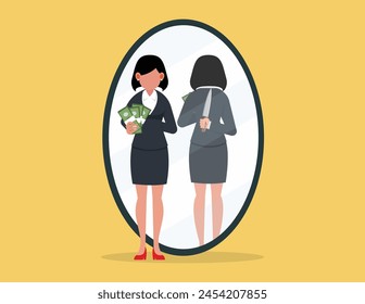 Mirror reflecting intent. Businesswomen offers a lot of money