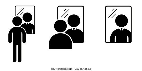 Mirror reflection. A businessman sees himself in the mirrors. Mirror loocking. Person reflection in a mirror. Narcissism sign.