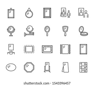 Mirror, reflection flat line icons set. Various mirrors - round, makeup, full length, bathroom interior vector illustrations. Outline signs for furniture store. Pixel perfect. Editable Strokes.