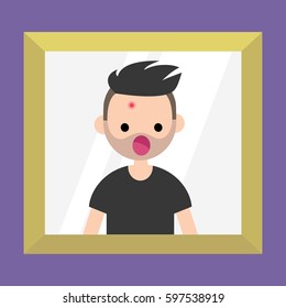 Mirror reflection of a shocked bearded man. Dermatological problems. Acne / flat editable vector illustration, clip art