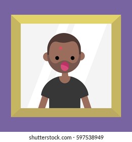 Mirror reflection of a shocked black man. Dermatological problems. Acne / flat editable vector illustration, clip art