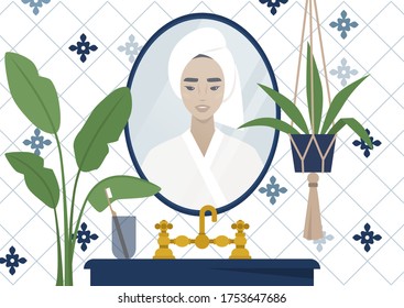 A mirror reflection of a young asian female character wearing a towel wrapped at the side of their head, azulejo tile, modern bathroom interior