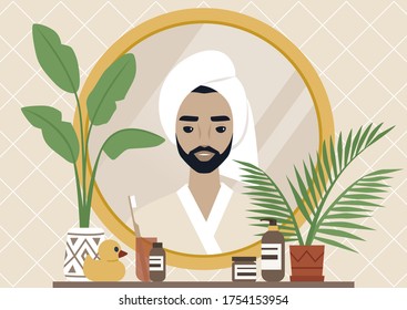 A mirror reflection, a Young bearded male character wearing a towel wrapped at the side of their head, daily body care routine, boho interior, natural patterns and plants