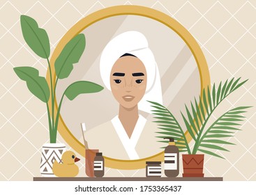 A mirror reflection, a Young female character wearing a towel wrapped at the side of their head, daily body care routine, boho interior, natural patterns and plants